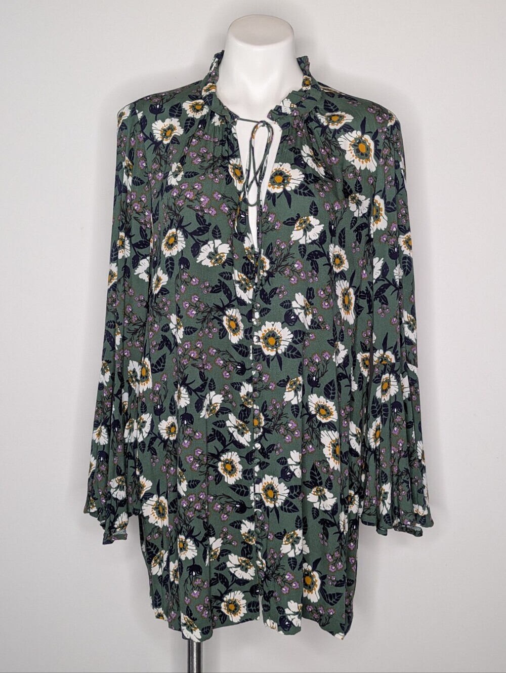 Free People Magic Mystery Green White Floral Long Sleeve Tunic Mini Dress S